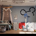 Cute Teddy Bear and Dinosaur Dolls in Kids Bedroom Playpen with Rocking Horse and Sunlight