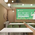 Fast Food Restaurant Interior With Wooden Ceiling Pendant Lights Food Posters Green Chairs White Tables