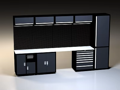 Black And White Workbench With Perforated Backboard Countertop Drawers And Cabinets 3d model
