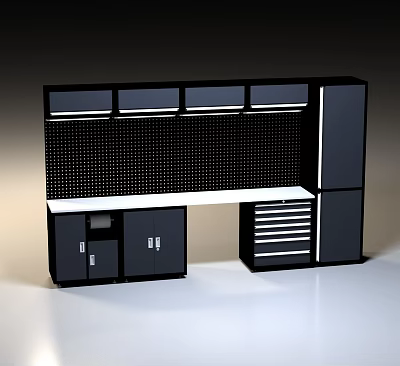 Black And White Workbench With Perforated Backboard Countertop Drawers And Cabinets 3d model