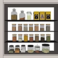 Decorative Spice Jar Collection In Glass Cabinet With Multiple Shelves And Various Spices