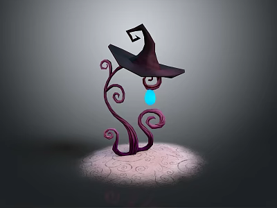 Mystical Witch Hat Decorative Sculpture With Purple Spiral Vines Blue Glowing Orb And Patterned Base 3d model
