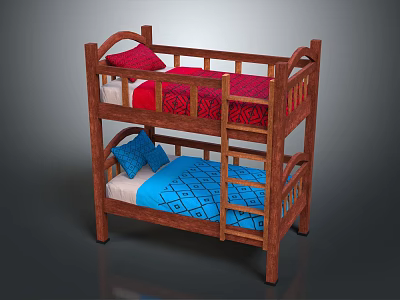 Kids Wooden Bunk Bed With Red Blue Mattress And Soft Pillow Design 3d model