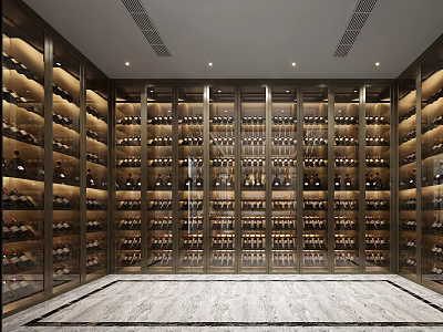 Luxurious Modern Wine Cellar Interior Design With Glass Door Racks And Marble Floor 3d model