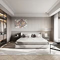 Modern Bedroom Interior With Light Colored Wardrobe Abstract Painting And Striped Wall