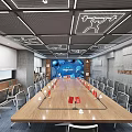 Contemporary Conference Room Featuring Long Wooden Table Ergonomic Chairs Geometric Ceiling And Future Themed Wall