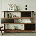 Modern Wooden Shelf Unit with Multiple Compartments Decorative Sculptures Photo Frames Books and Woven Baskets