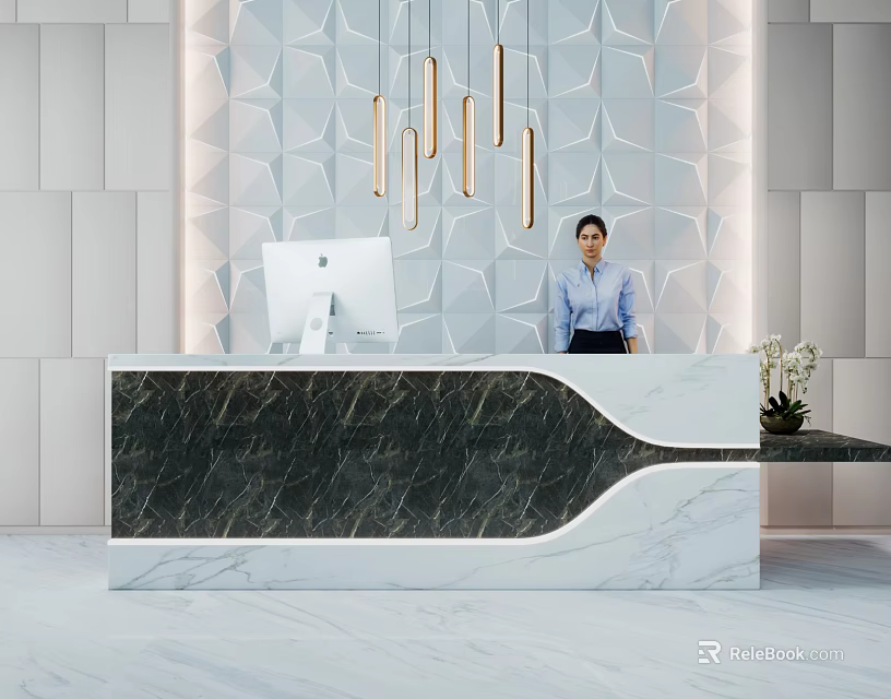 Modern Marble Reception Desk In Office Lobby With Geometric Wall Pendant Lights Computer And Plant 3d model 