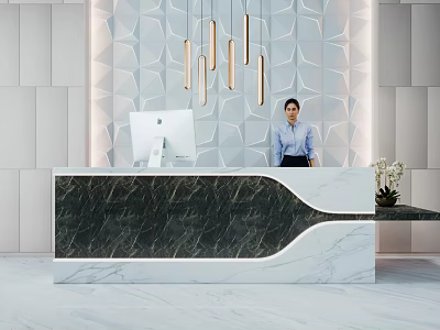 Modern Marble Reception Desk In Office Lobby With Geometric Wall Pendant Lights Computer And Plant 3d model