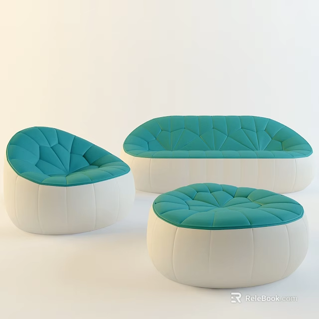 Turquoise and White Sofa Set with Tufted Seats Including Single Sofa Double Sofa and Ottoman 3d model 