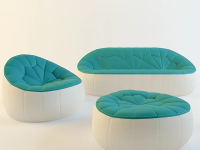 Turquoise and White Sofa Set with Tufted Seats Including Single Sofa Double Sofa and Ottoman 3d model