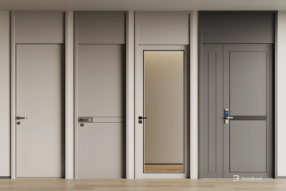 Modern Hinged Doors in Various Styles with Light Dark Gray Glass Insert and Wooden Frame 3d model 