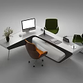 Sleek Modern Office Desk With Computer Monitor Desk Lamp Potted Plant And Chairs