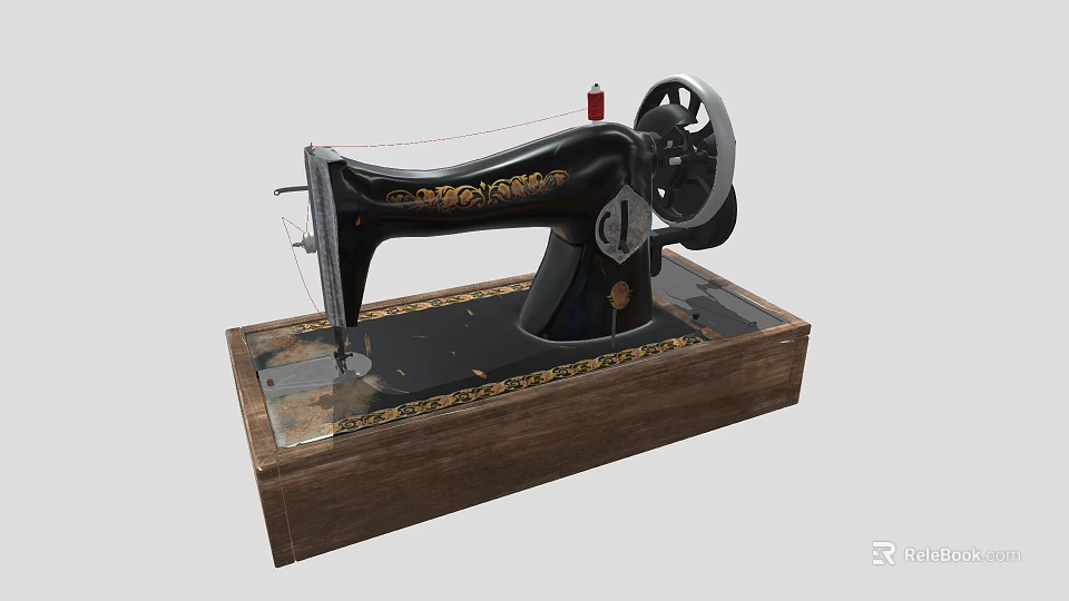 Industrial Sewing Machine Featuring Black Body Golden Patterns Wooden Base Red Thread Spool Black Wheel 3d model 