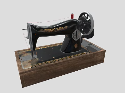 Industrial Sewing Machine Featuring Black Body Golden Patterns Wooden Base Red Thread Spool Black Wheel 3d model
