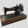 Industrial Sewing Machine Featuring Black Body Golden Patterns Wooden Base Red Thread Spool Black Wheel
