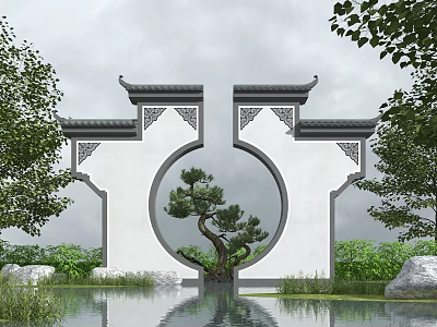 Traditional Chinese Scenic Wall With Circular Doorway Pine Tree Green Plants And Water 3d model