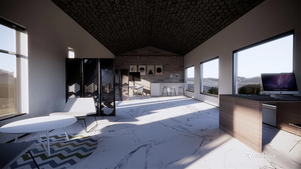 Modern Break Room Interior With Open Design Natural Light Wooden Elements And Wall Decor 3d model 