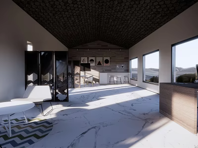 Modern Break Room Interior With Open Design Natural Light Wooden Elements And Wall Decor 3d model