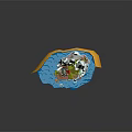 Cartoon Island Scene with Iceberg Waterfall Green Grass Small Boat Flags Trees on Blue Water