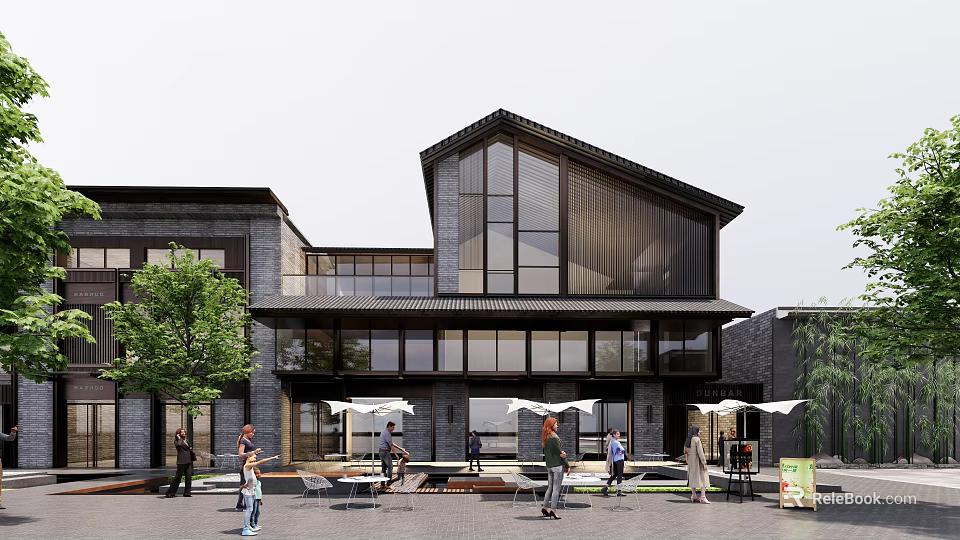 Traditional Modern Fusion Commercial Street With Outdoor Seating Pedestrians And Green Trees 3d model