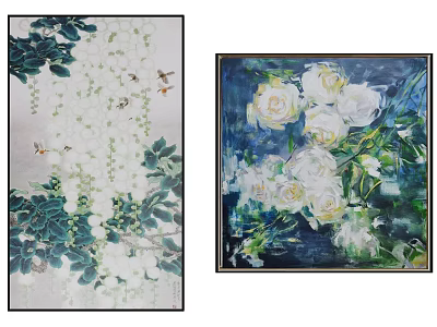 Decorative Plant Paintings with Green Vines Leaves Insects and White Roses Artwork 3d model