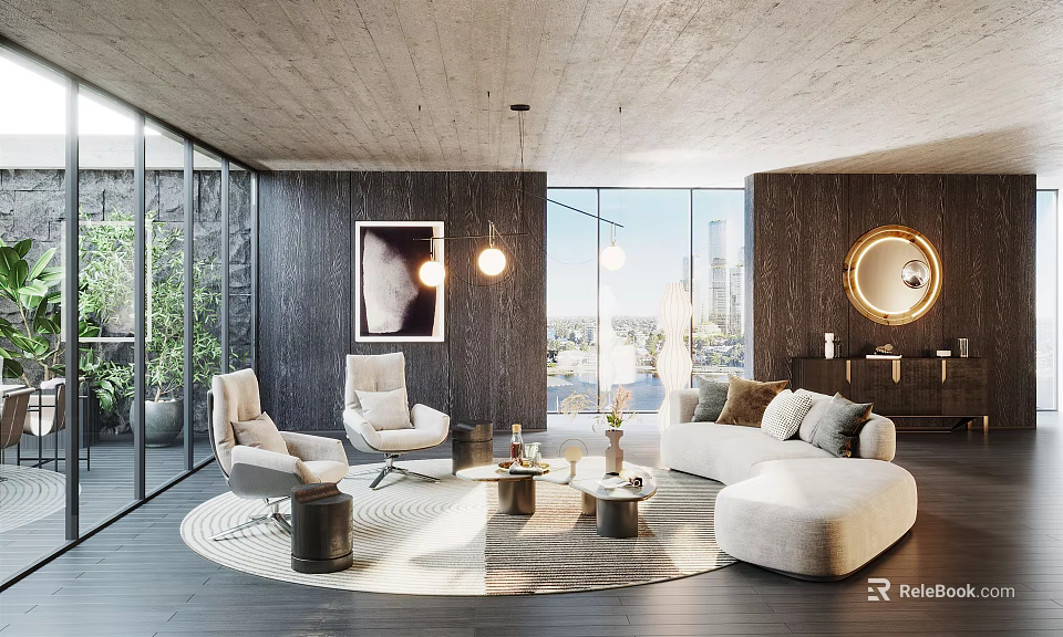 Modern Living Room Featuring Large Windows City View Dark Wood Walls Light Armchairs And Sofa 3d model 