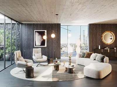 Modern Living Room Featuring Large Windows City View Dark Wood Walls Light Armchairs And Sofa 3d model