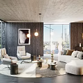 Modern Living Room Featuring Large Windows City View Dark Wood Walls Light Armchairs And Sofa