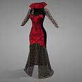 Elegant Gothic Character Dress With Red Black Intricate Pattern And Long Sleeves