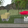 Industrial Equipment Featuring Yellow Dump Trucks Red Tent Outdoor With Palm Trees Mountains Grassy Ground
