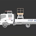 White Work Truck With Yellow Guardrail Platform On Roof And Blue Stripes