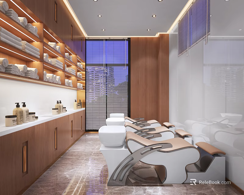 Luxurious Modern Beauty Salon With Wooden Shelves Comfortable Chairs And Large Windows 3d model 
