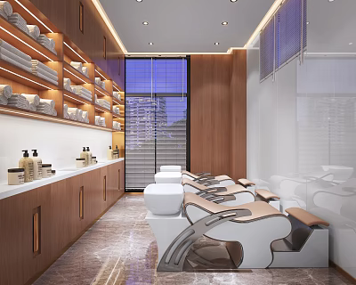 Luxurious Modern Beauty Salon With Wooden Shelves Comfortable Chairs And Large Windows 3d model