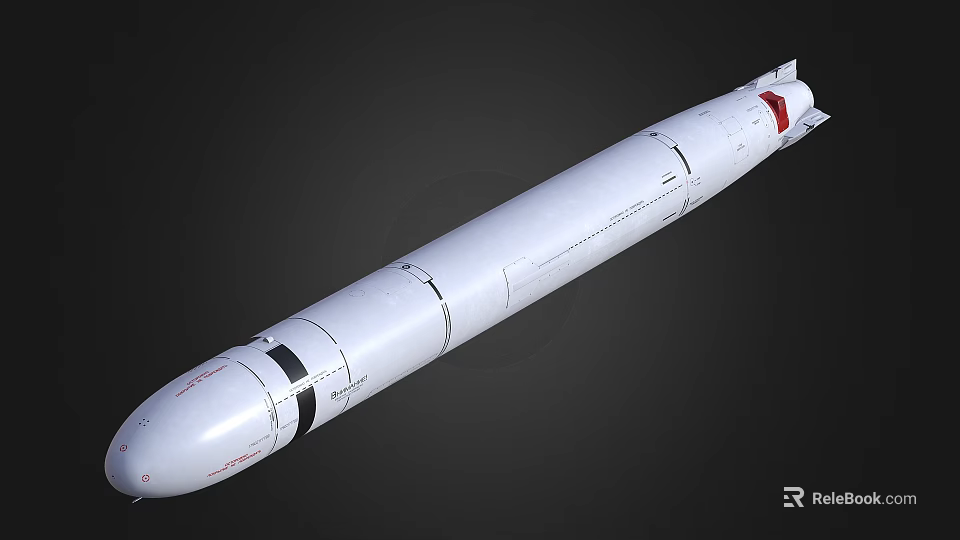 White Military Missile Weapon With Cylindrical Body Rear Fins And Red Markings 3d model 