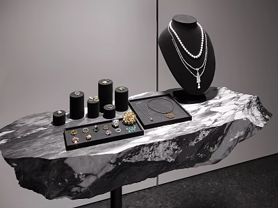 Elegant Black Rock Display Shelf Showcasing Layered Necklace And Small Jewelry Boxes 3d model