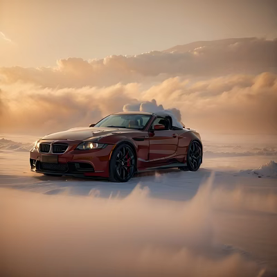 Red BMW Convertible Driving On Snowy Landscape During Sunset With Clouds 3d model