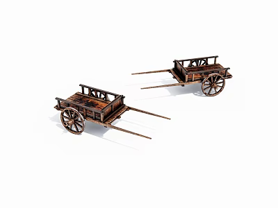 Two Vintage Wooden Carts With Spoked Wheels And Open Frames Structure 3d model