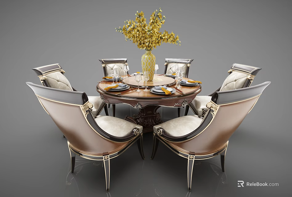 Elegant Round Dining Set With Luxury Gold Accent Chairs And Yellow Flower Vase 3d model 