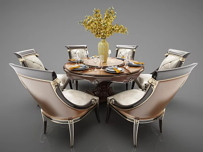 Elegant Round Dining Set With Luxury Gold Accent Chairs And Yellow Flower Vase 3d model