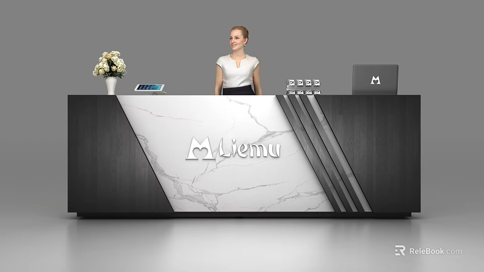 Mixemu Reception Desk With Black Wood Marble Top Flower Vase Computer Monitor And Staff 3d model 