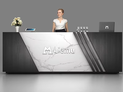 Mixemu Reception Desk With Black Wood Marble Top Flower Vase Computer Monitor And Staff 3d model