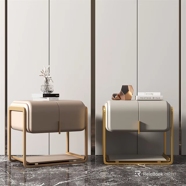 Elegant Modern Bedside Tables Leather Upholstered Gold Metal Frame Beige Light Gray Decorative Items 3d model 