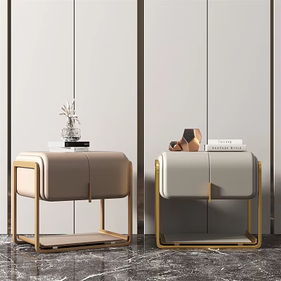 Elegant Modern Bedside Tables Leather Upholstered Gold Metal Frame Beige Light Gray Decorative Items 3d model