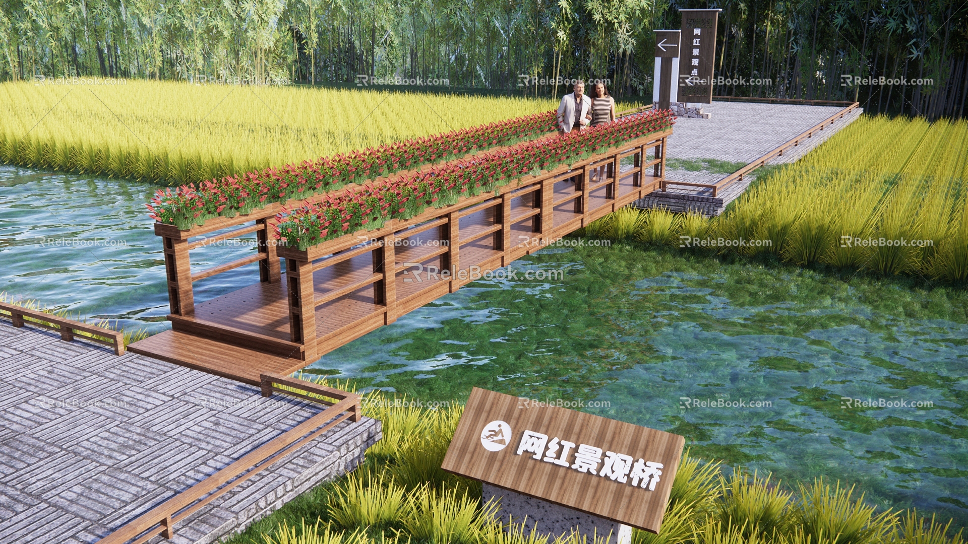 Modern bridge landscape wooden bridge pedestrian trestle bridge wooden structure suspension bridge arch bridge network red landscape bridge tourism landscape bridge 3d model