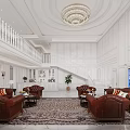 Luxurious Duplex Living Room With White Paneling Leather Sofas And Chandelier