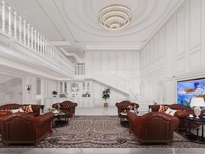 Luxurious Duplex Living Room With White Paneling Leather Sofas And Chandelier 3d model