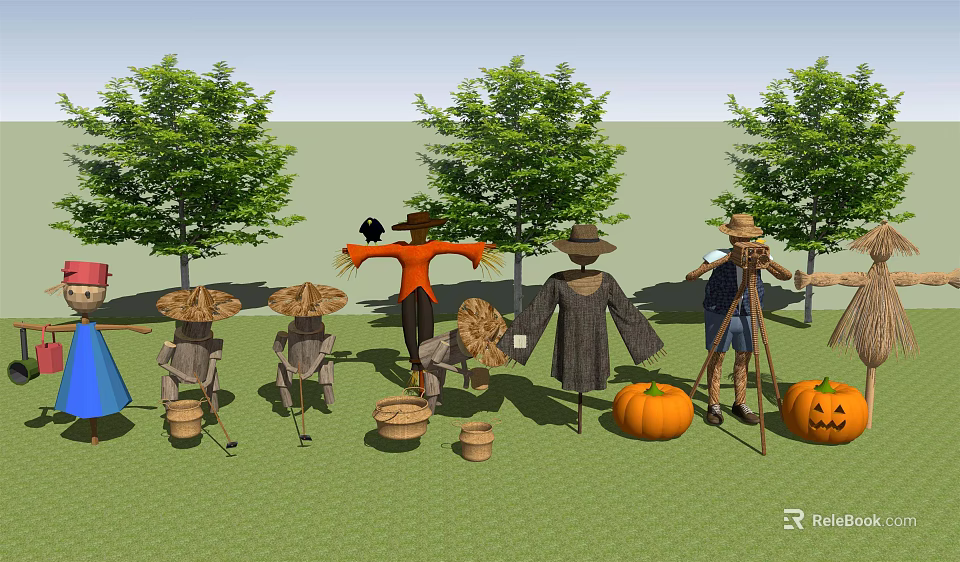 Agricultural Equipment Including Scarecrows Pumpkins Buckets And Hats Near Trees 3d model 