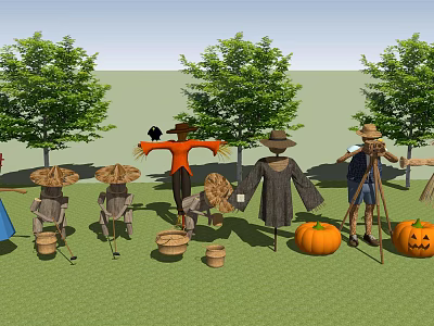 Agricultural Equipment Including Scarecrows Pumpkins Buckets And Hats Near Trees 3d model
