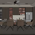 Modern Restaurant Interior With Open Layout Dining Table Brown Chairs And Ceiling Lighting 3d model